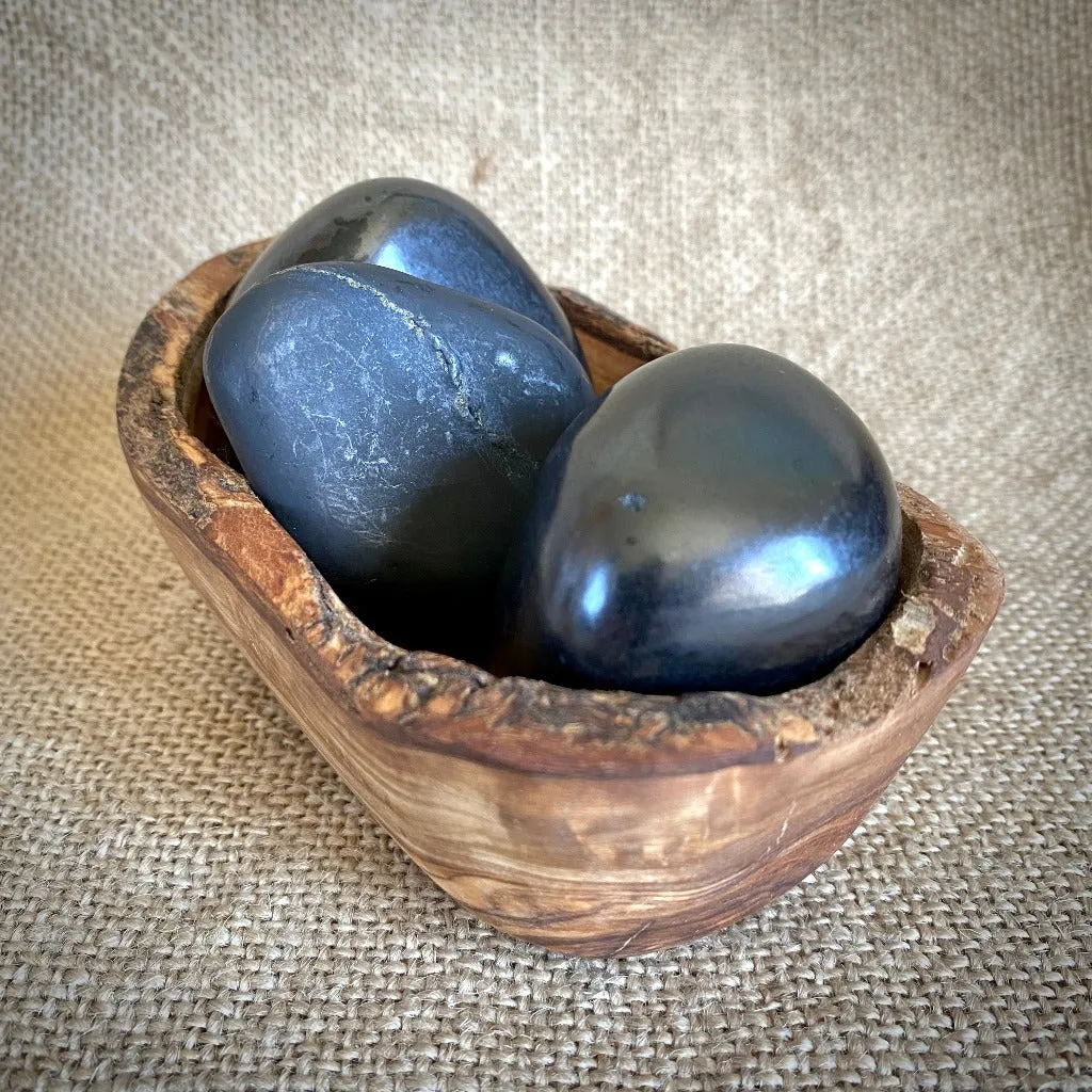 Jumbo Tumbled Shungite Stone Trio in Olive Wood Bowl