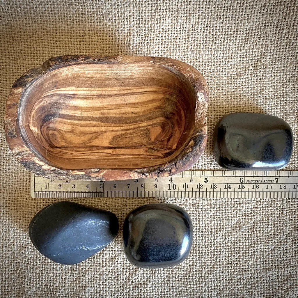 Jumbo Tumbled Shungite Stone Trio in Olive Wood Bowl