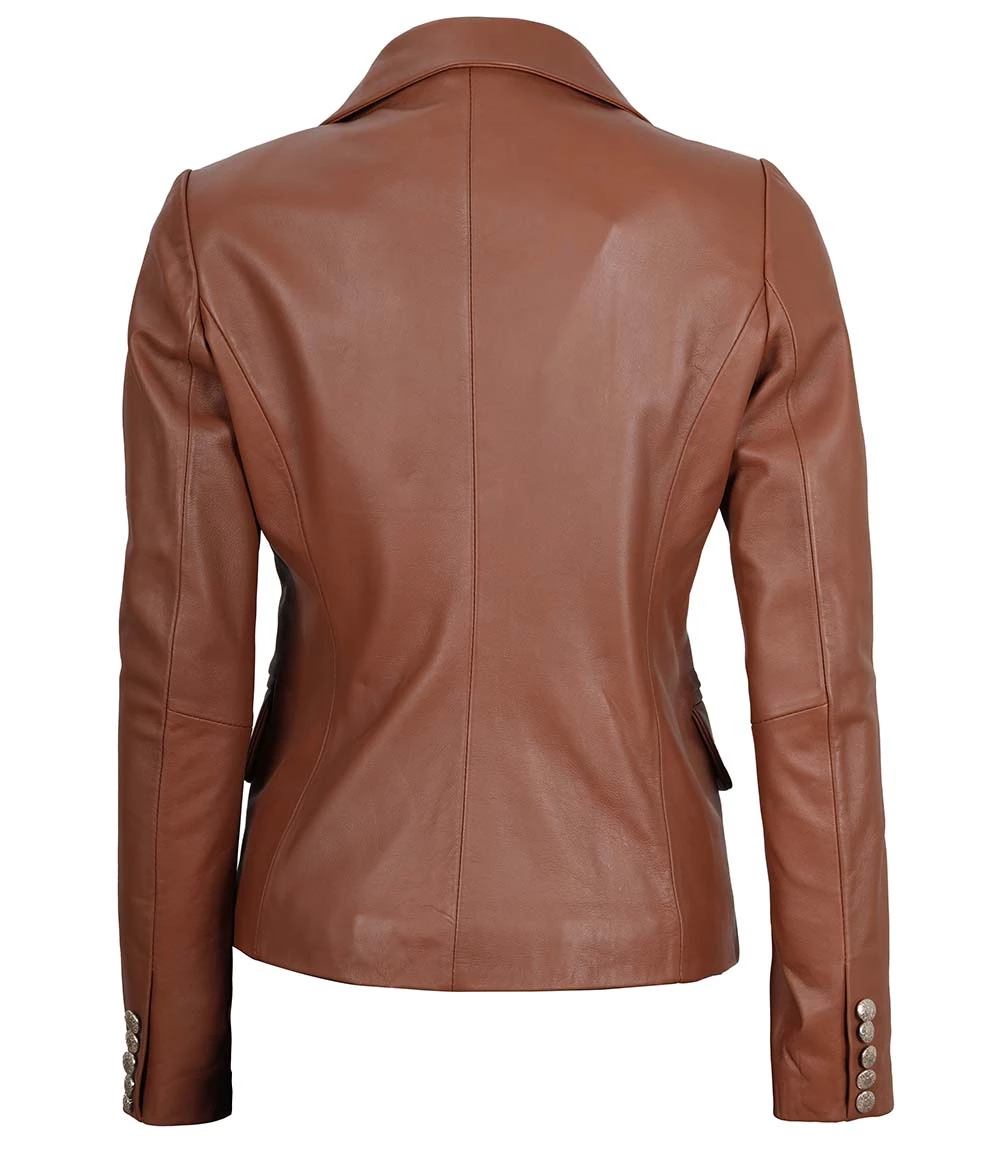 Kinley Women's Double Breasted Brown Leather Blazer Jacket