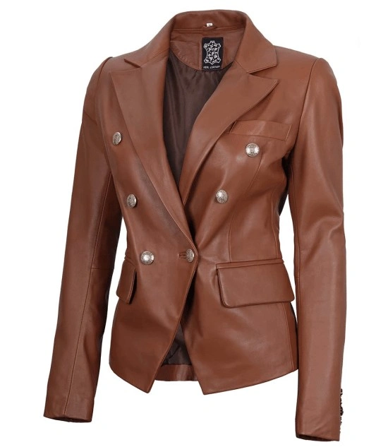 Kinley Women's Double Breasted Brown Leather Blazer Jacket