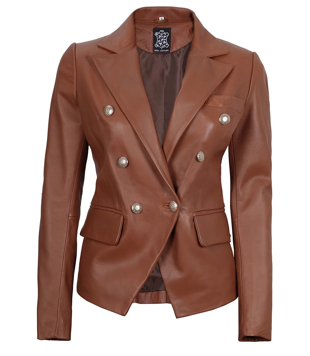 Kinley Women's Double Breasted Brown Leather Blazer Jacket