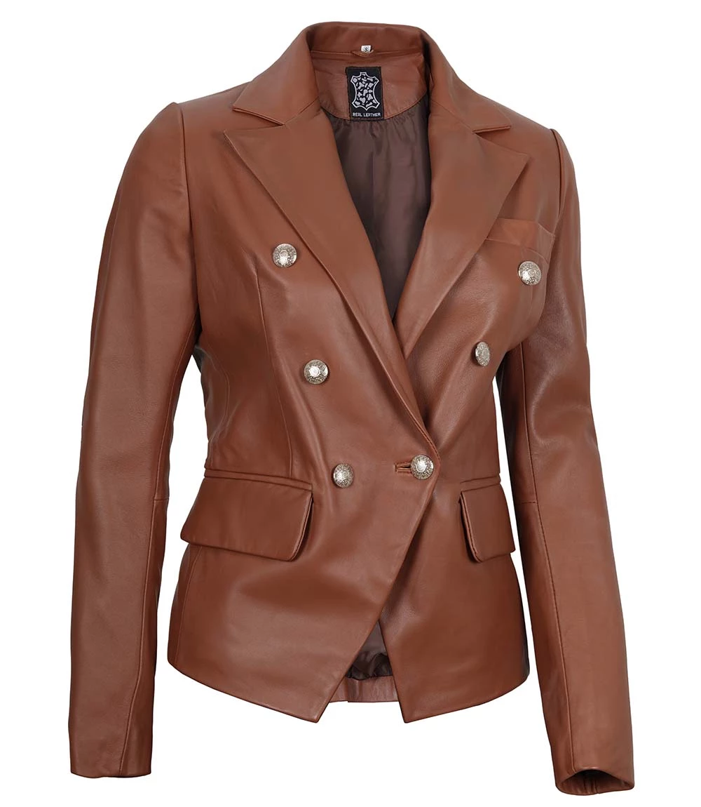 Kinley Women's Double Breasted Brown Leather Blazer Jacket