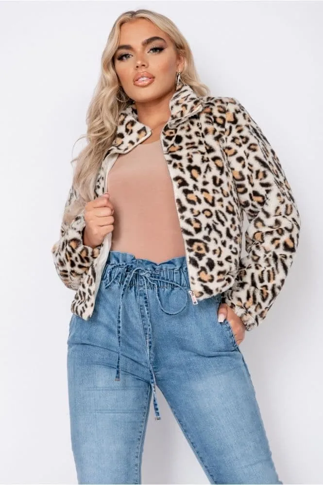 Leopard Faux Fur Cropped Bomber Jacket