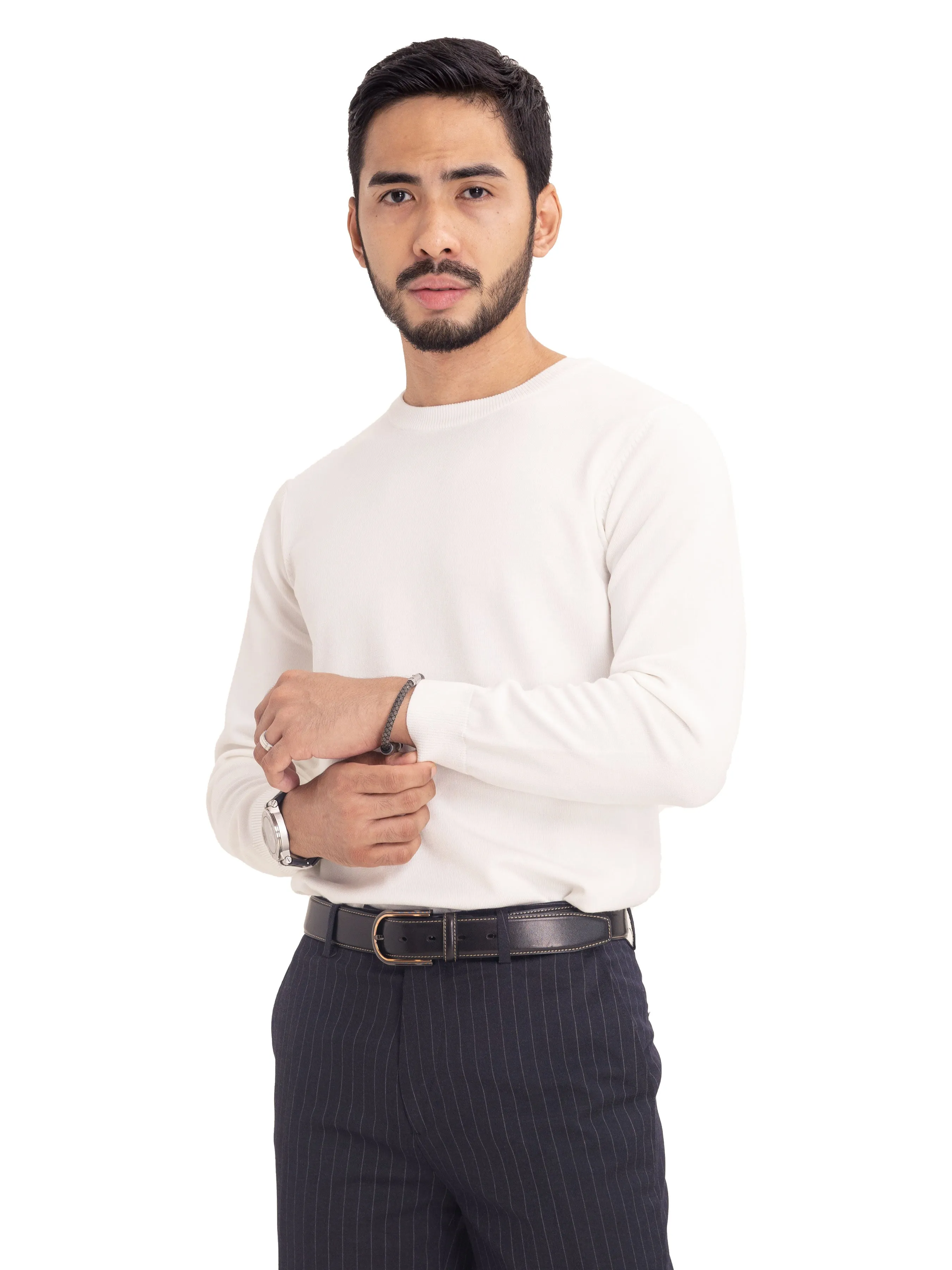 Long Sleeve Crew Neck Sweater - White