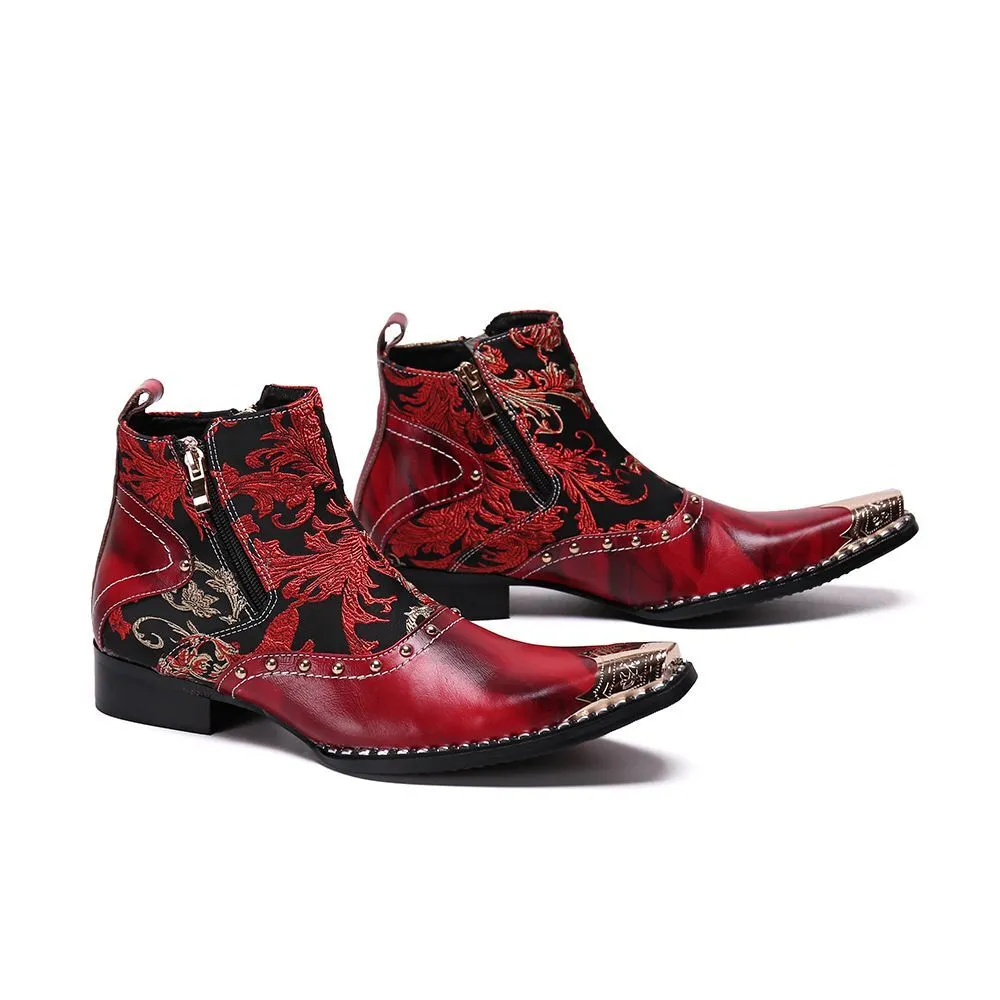 Luxury British Style Men Mid Calf Red Boots Steel Toe Genuine Leather Motorcycle Cowboy Boots Male Snake Skin Boots Dress Shoes