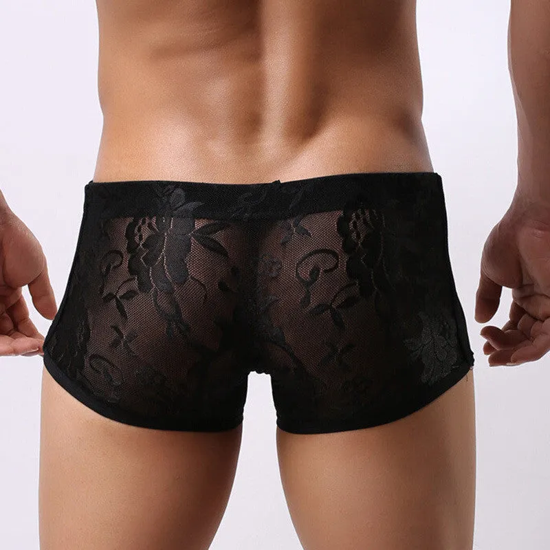 M-XL Men Underwear Pants Transparent Lace Sexy Low Waist Breathable Boxer SM6