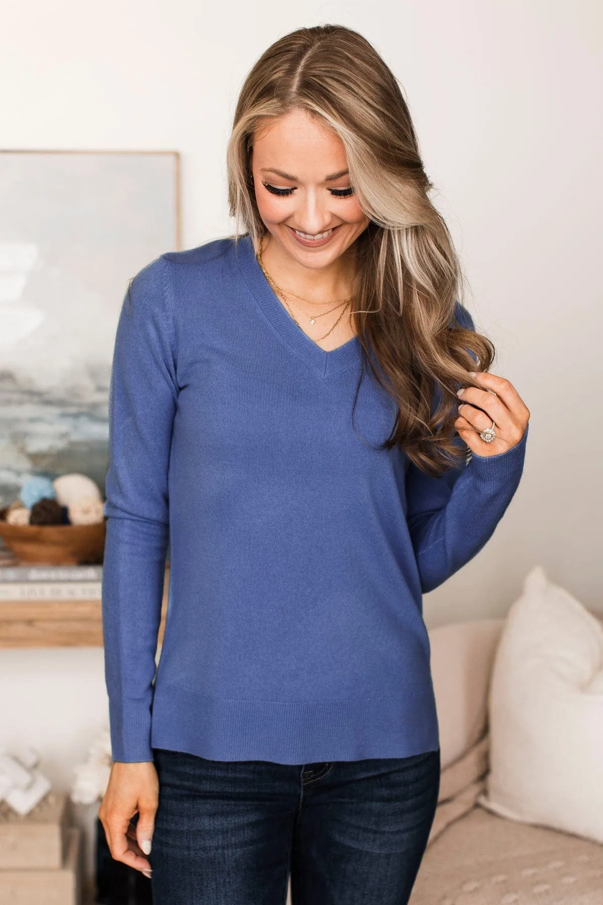 Making Plans V-Neck Sweater- Cobalt