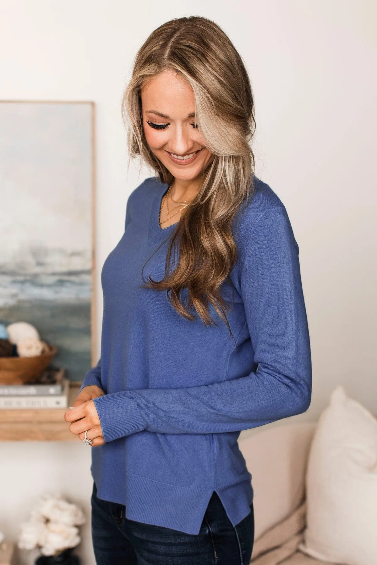 Making Plans V-Neck Sweater- Cobalt