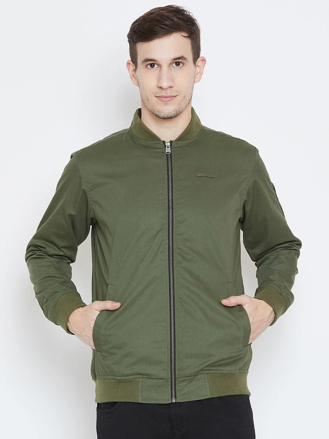 Men Casual Olive Bomber Jacket