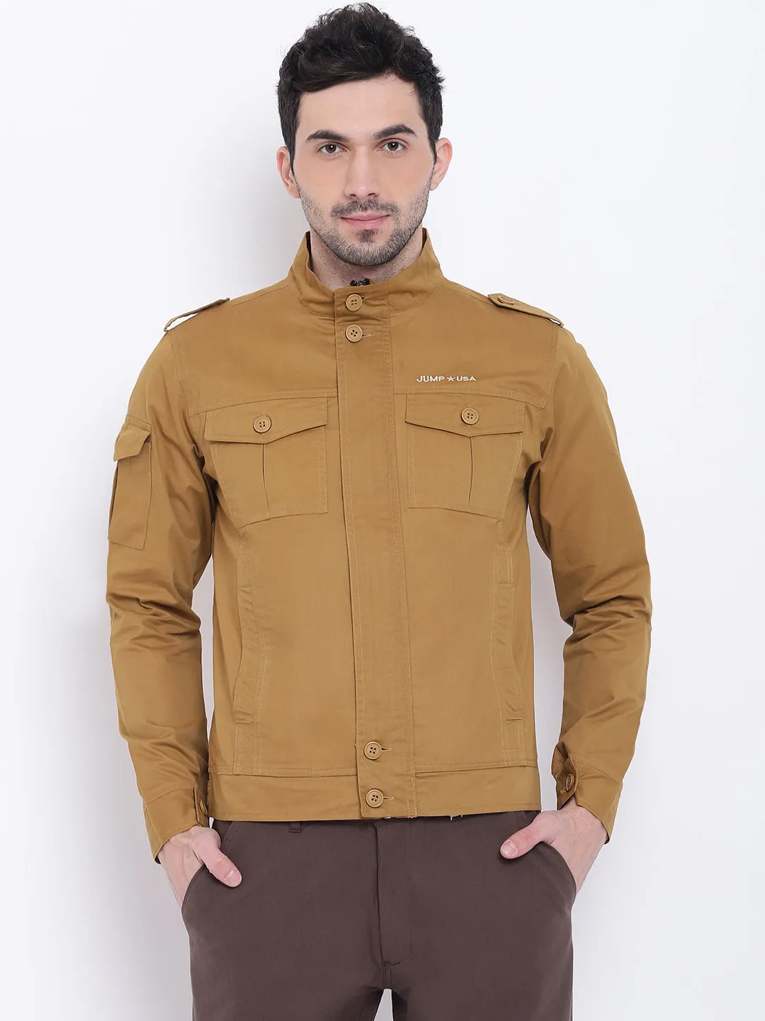 Men Casual Solid Beige Tailored Jacket