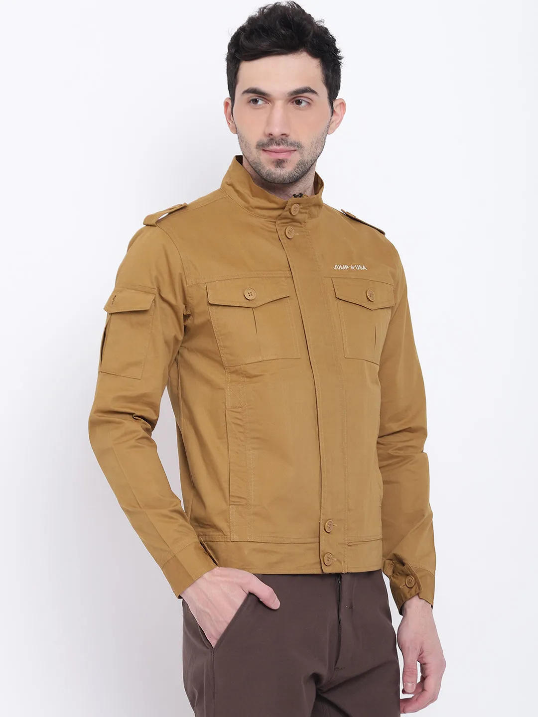 Men Casual Solid Beige Tailored Jacket