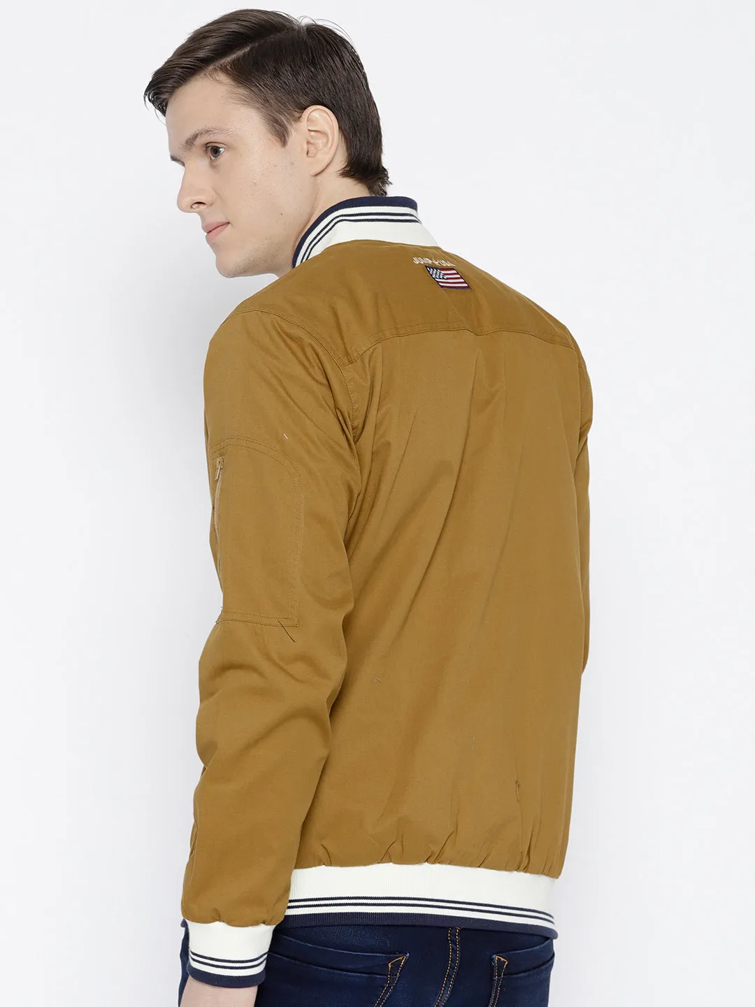 Men Khaki Solid Bomber Jacket