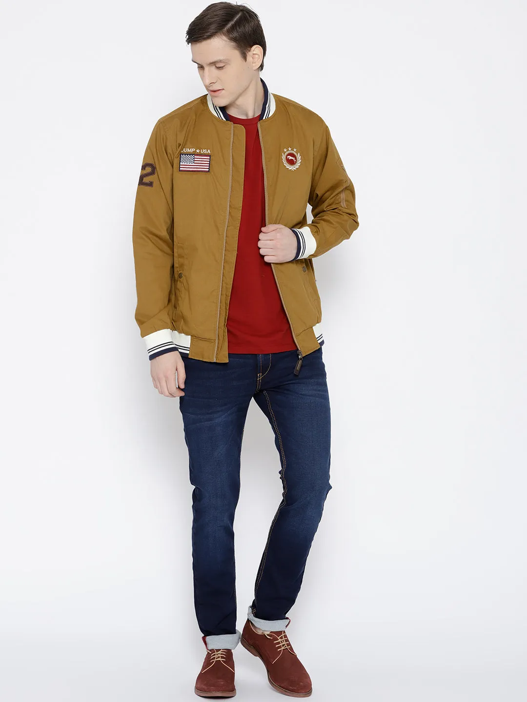 Men Khaki Solid Bomber Jacket