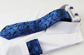 Mens Blue & Black Boho Paisley Matching Neck Tie, Pocket Square, Cuff Links And Tie Clip Set