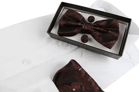 Mens Dark Brown Paisley Tinsel Matching Bow Tie, Pocket Square & Cuff Links Set