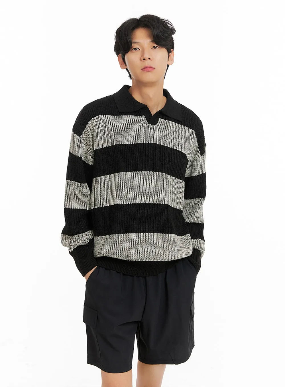 Men's Open Collar Striped Sweater IA401