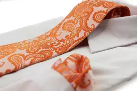 Mens Orange Paisley Patterned Neck Tie & Matching Pocket Square Set