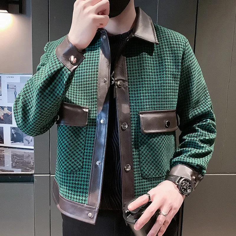 Men's Spring Casual Contrast Color Houndstooth Pattern Rib Sleeve Jacket