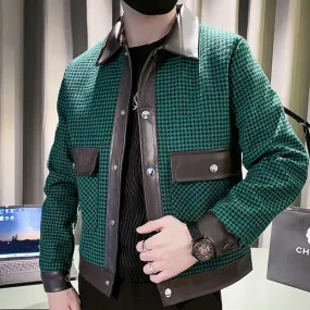 Men's Spring Casual Contrast Color Houndstooth Pattern Rib Sleeve Jacket