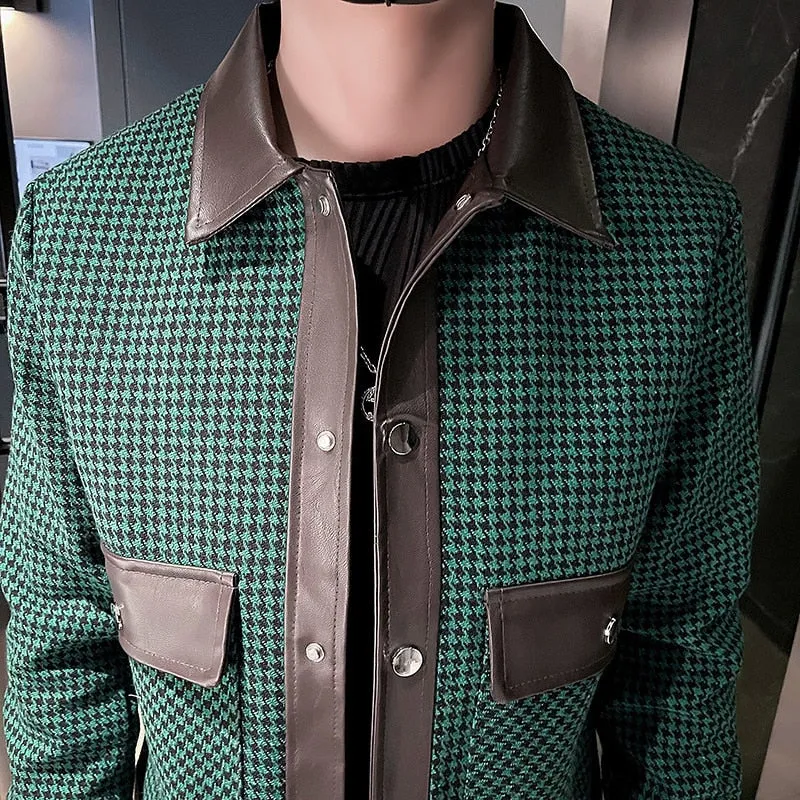 Men's Spring Casual Contrast Color Houndstooth Pattern Rib Sleeve Jacket