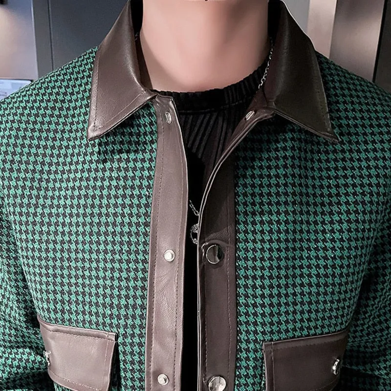 Men's Spring Casual Contrast Color Houndstooth Pattern Rib Sleeve Jacket