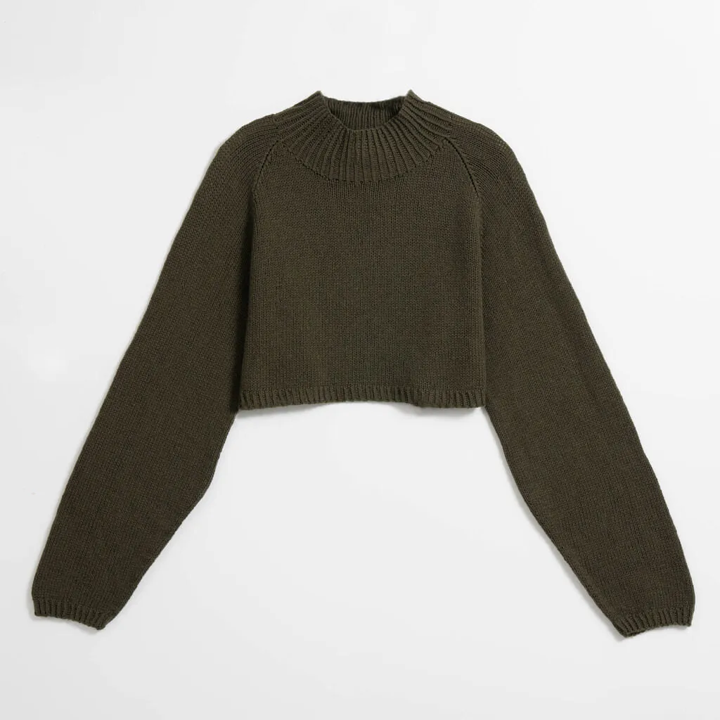 Merino Handknit Cropped Sweater - Olive Green