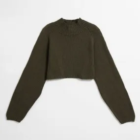 Merino Handknit Cropped Sweater - Olive Green