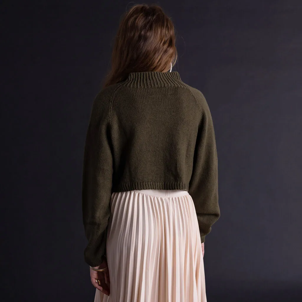 Merino Handknit Cropped Sweater - Olive Green