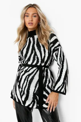 Oversized Belted Zebra Print Sweater