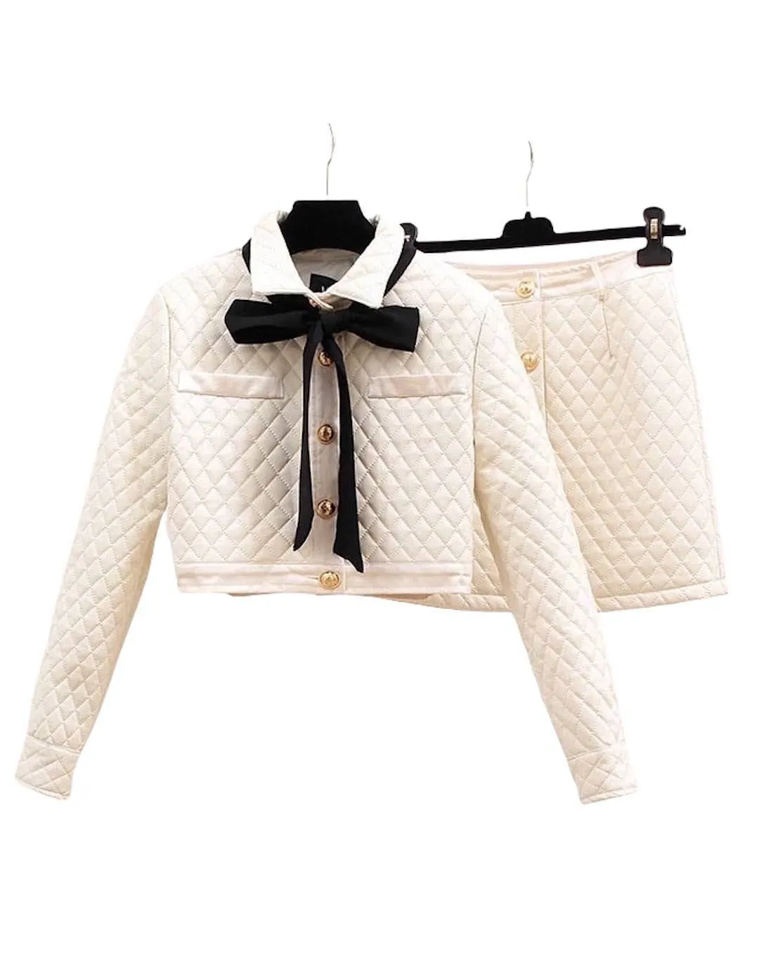 Padded Cotton Jacket Short Skirt Bow Tied Two Piece Set