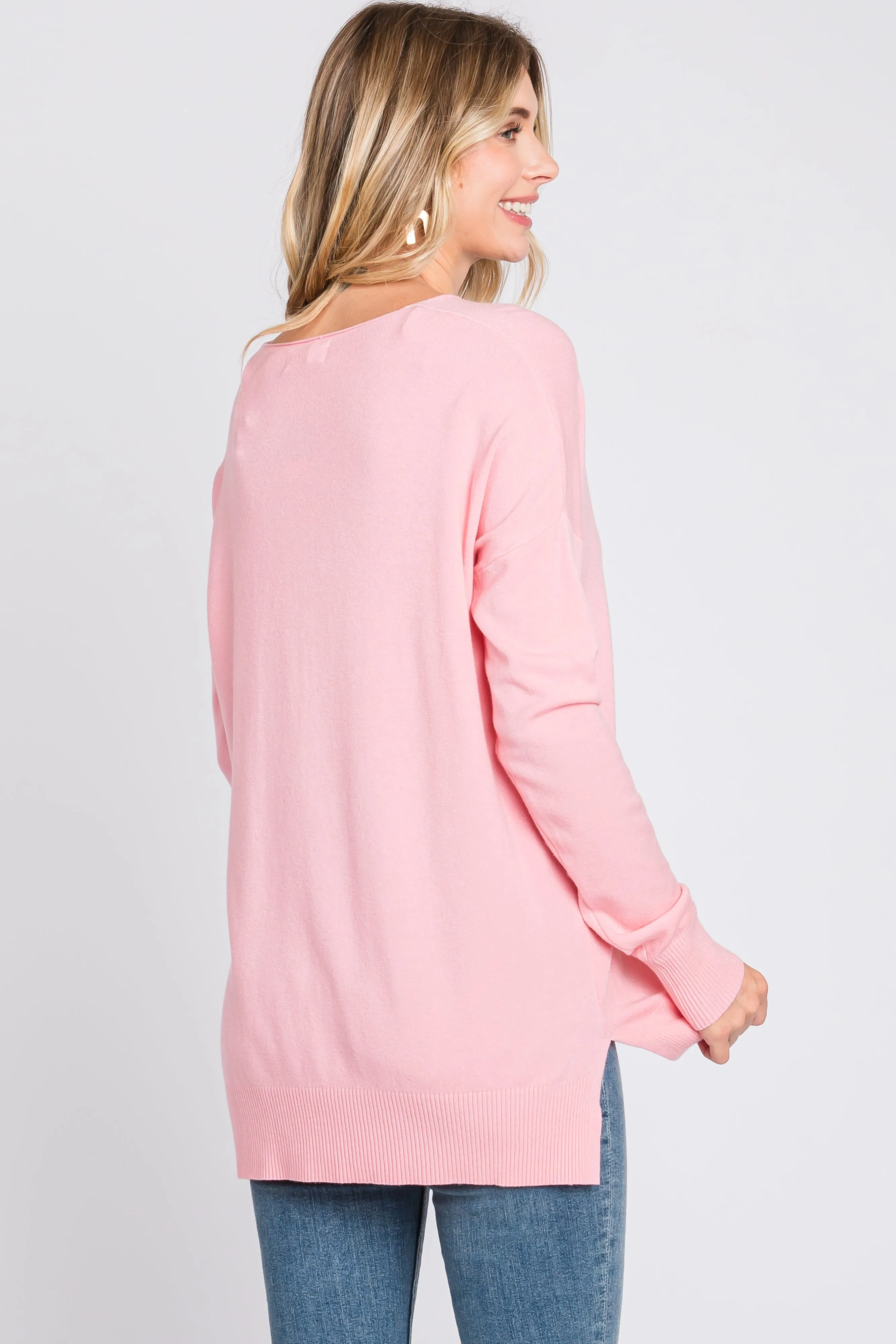 Pink Long Sleeve Side Slit Sweater