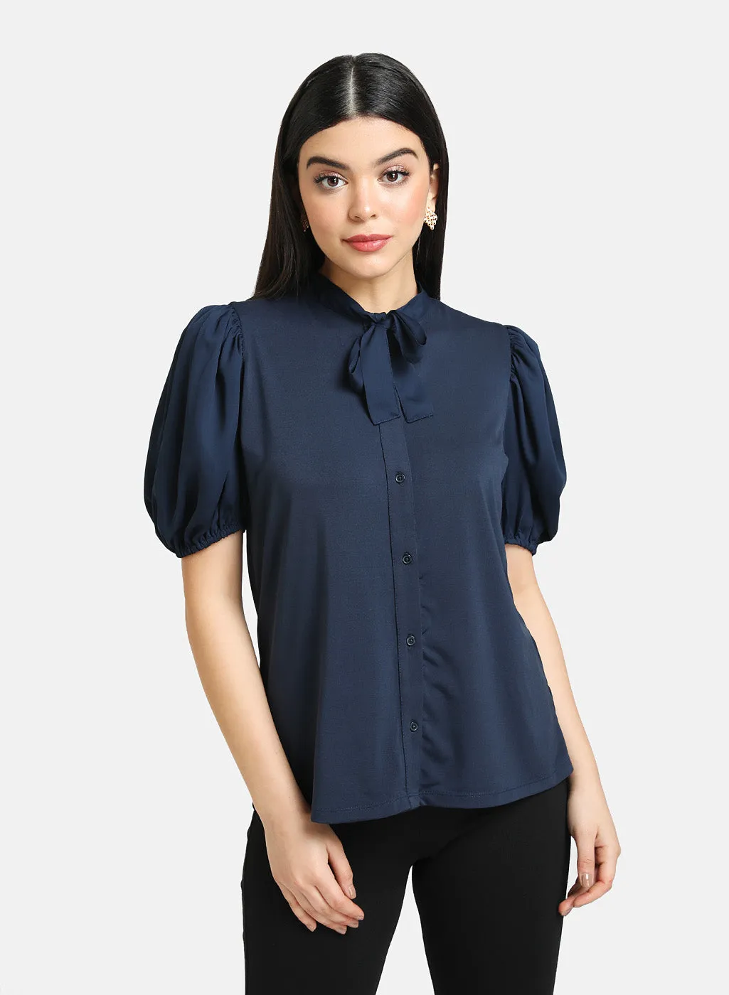 Puff Sleeves Top With Tie Knot Detail