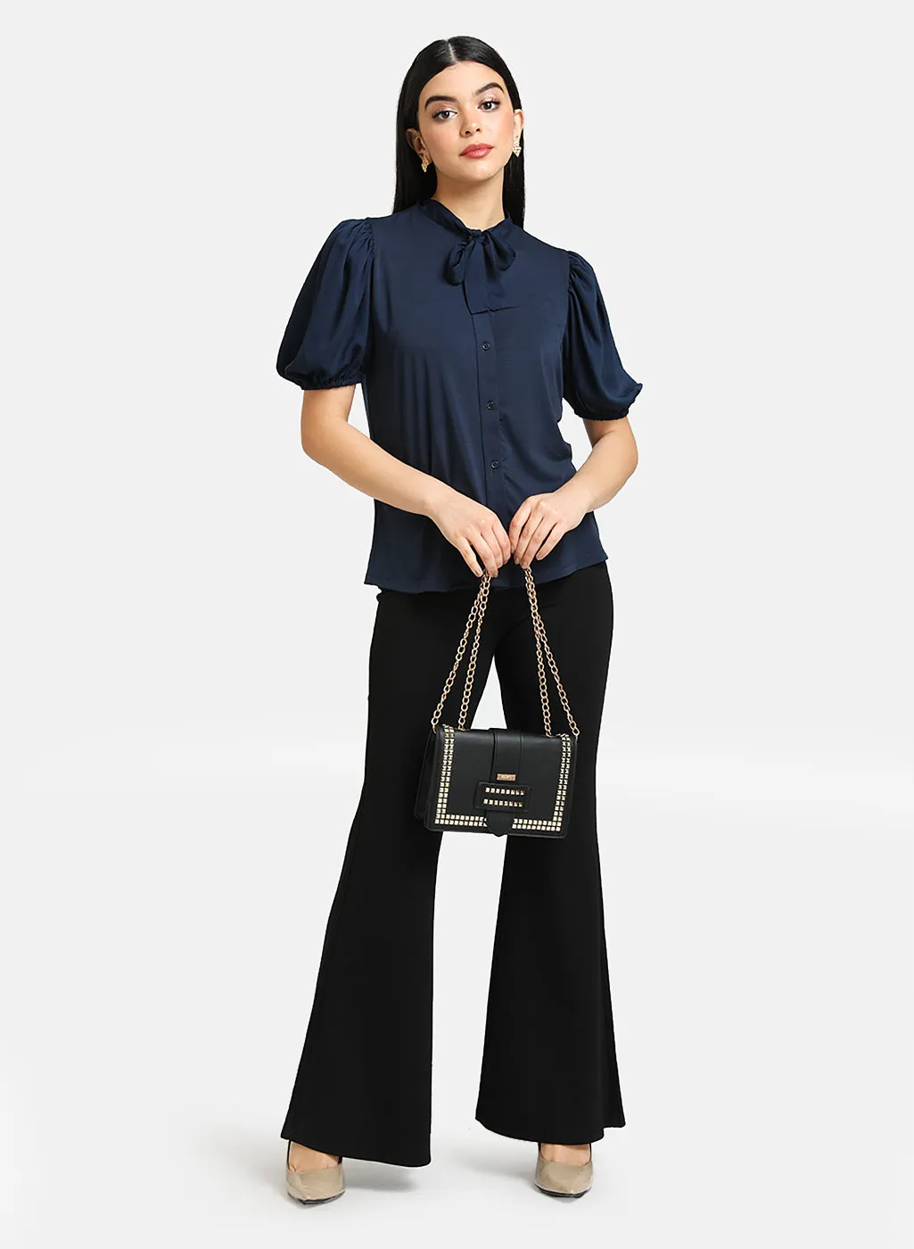 Puff Sleeves Top With Tie Knot Detail