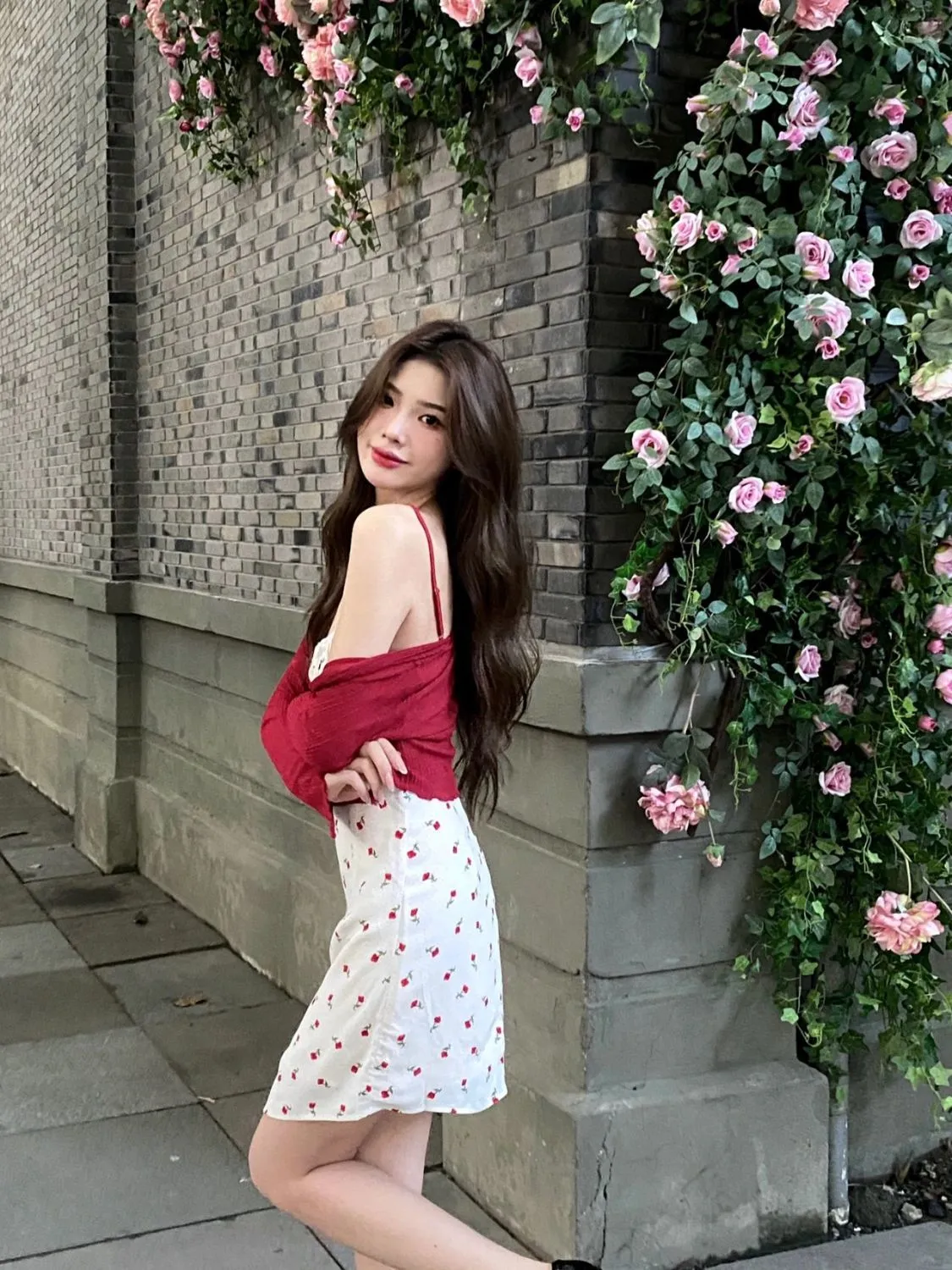 Red Sweater White Cherries Dress Outfit ON965