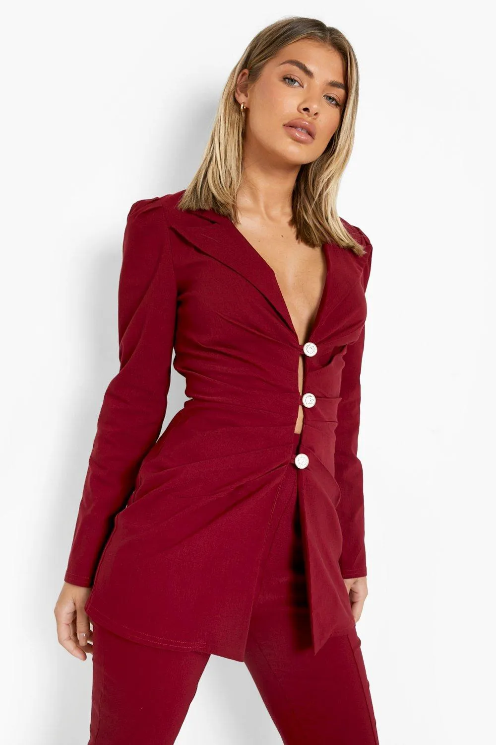 Ruched Waist Fitted Tailored Blazer