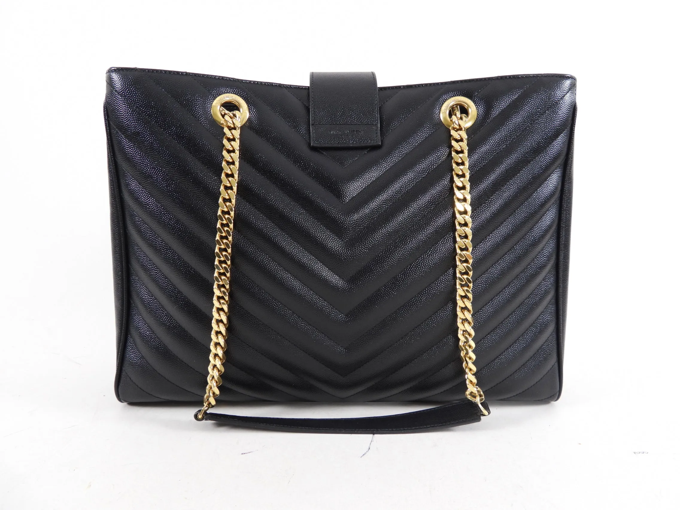 Saint Laurent Black Chevron Chain Shoulder Tote Bag