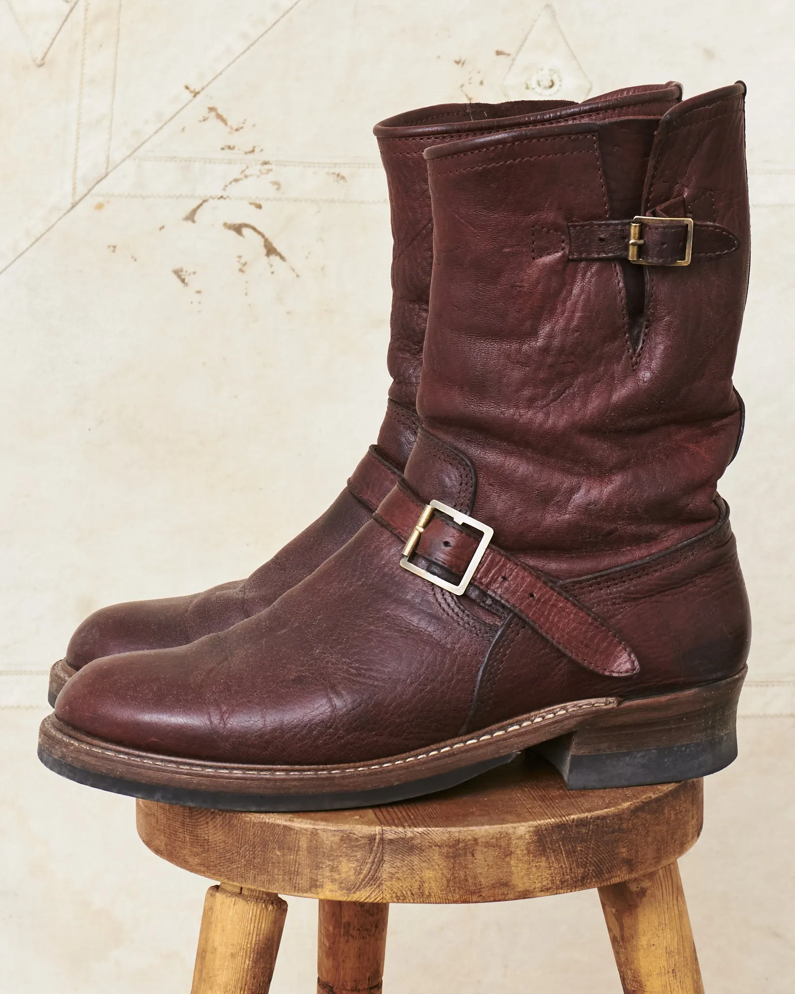 Second Hand John Lofgren Engineer Boots Ezo Shika Deerskin Burnt Burgundy US 10.5