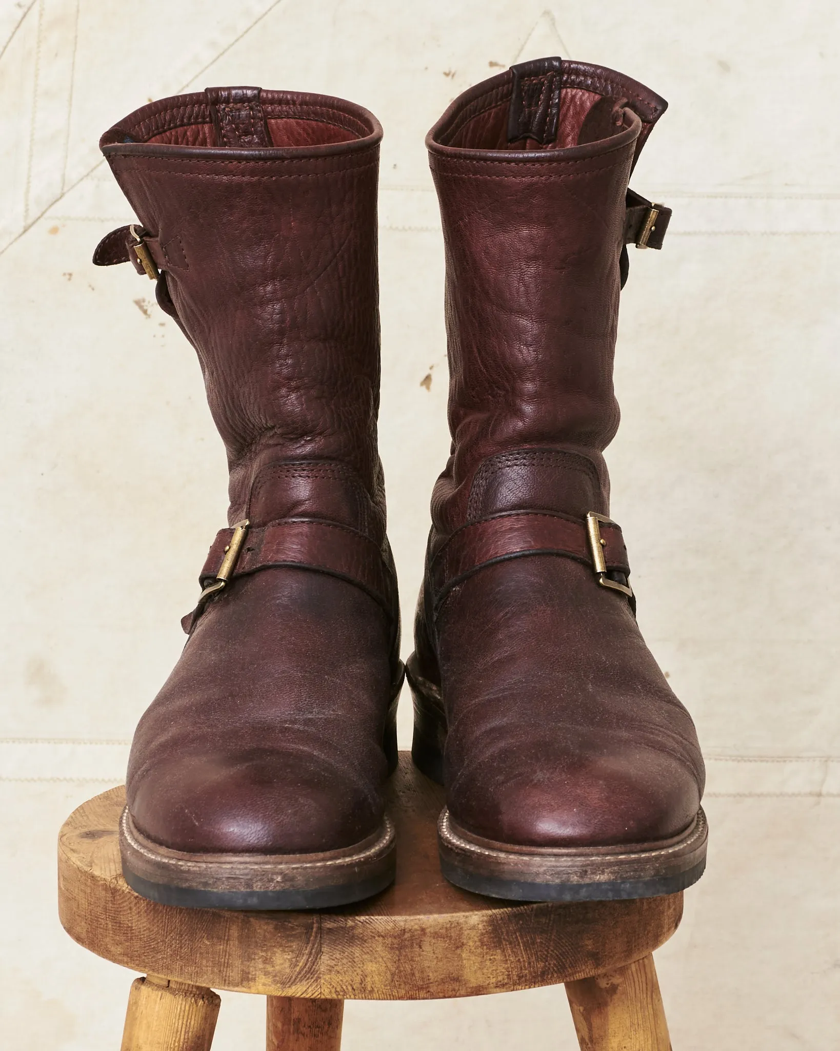 Second Hand John Lofgren Engineer Boots Ezo Shika Deerskin Burnt Burgundy US 10.5