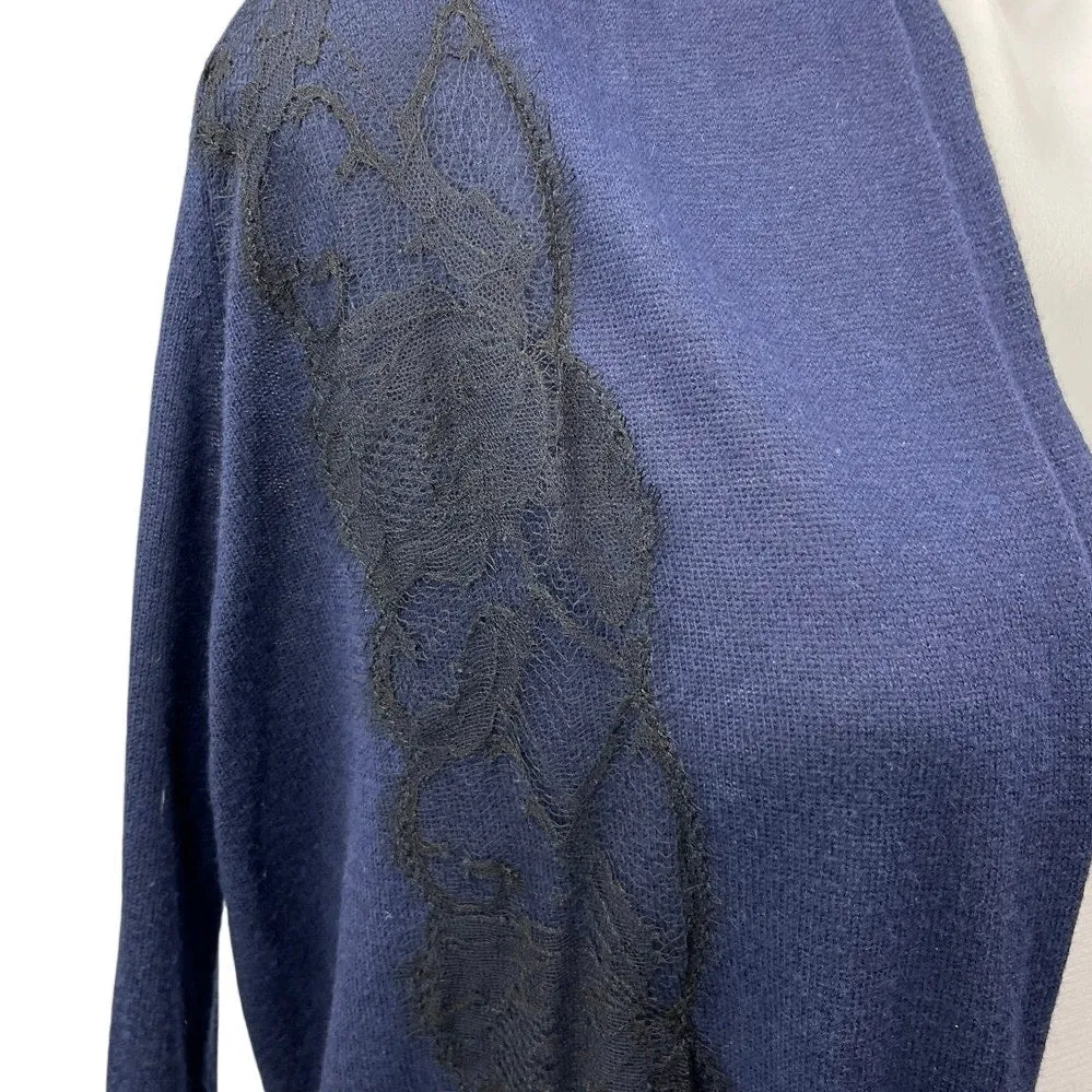 Theory Blue Cashmere Floral Lace Open Front Knit Cardigan Sweater Top Size S