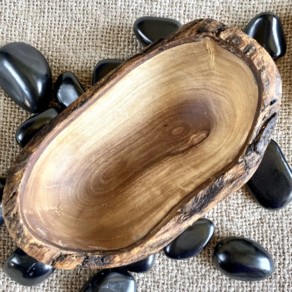 Tumbled Shungite Stones w/Tiger's Eye Heart in Olive Wood Bowl