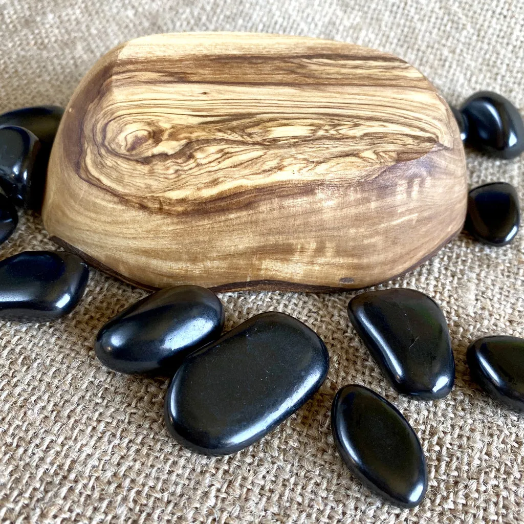 Tumbled Shungite Stones w/Tiger's Eye Heart in Olive Wood Bowl