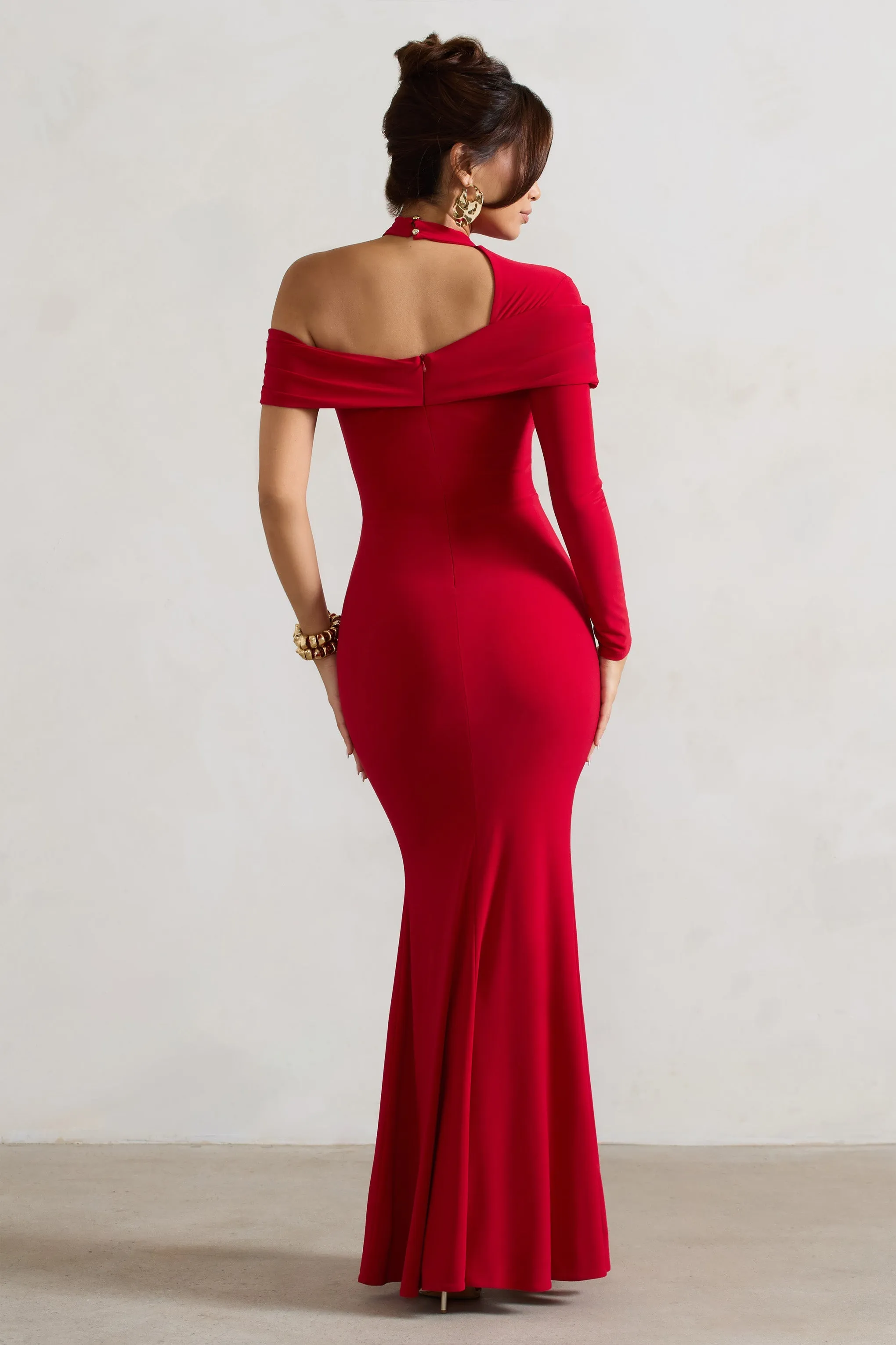 Tyla | Red Asymmetric High-Neck Split Maxi Dress