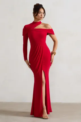 Tyla | Red Asymmetric High-Neck Split Maxi Dress