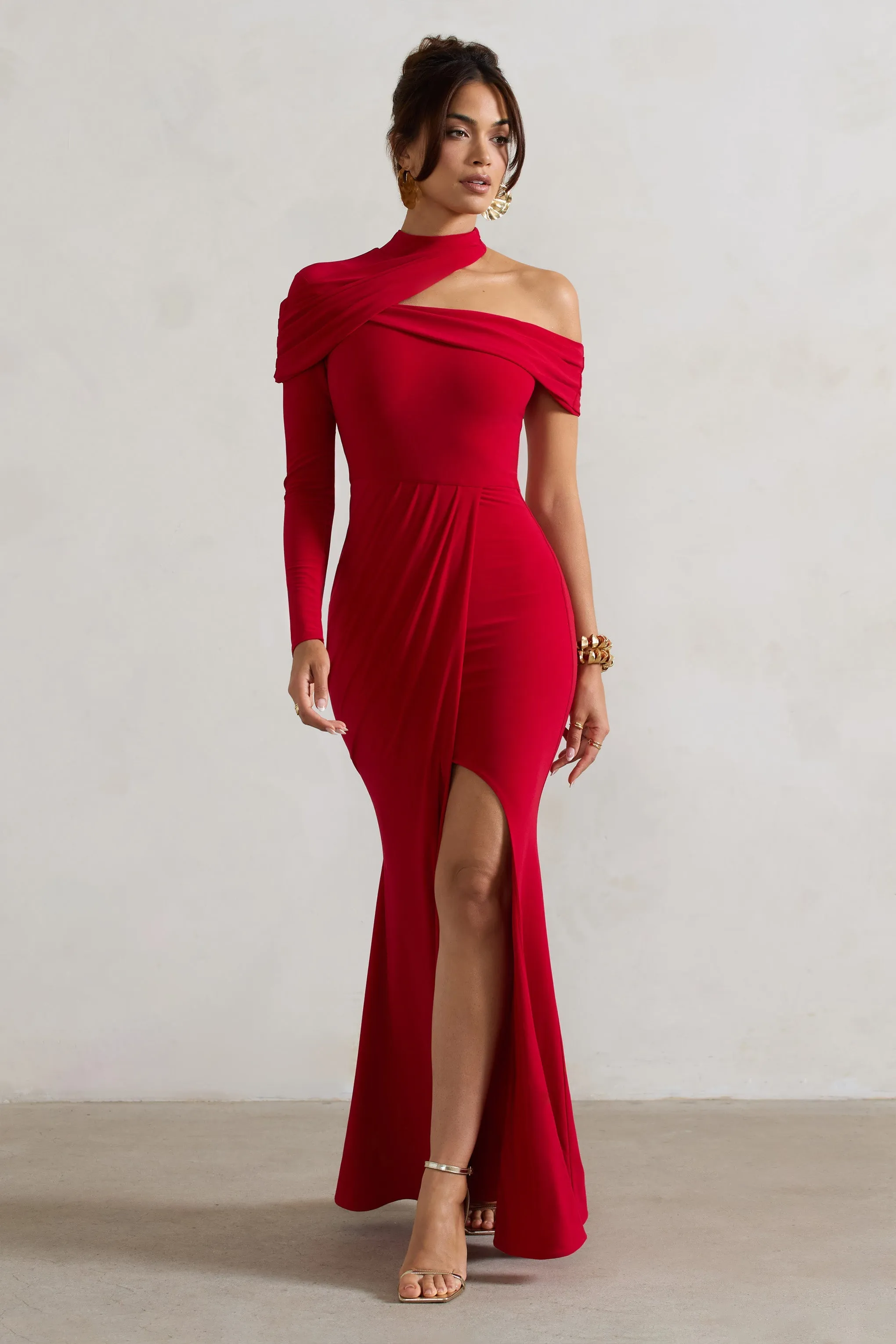 Tyla | Red Asymmetric High-Neck Split Maxi Dress