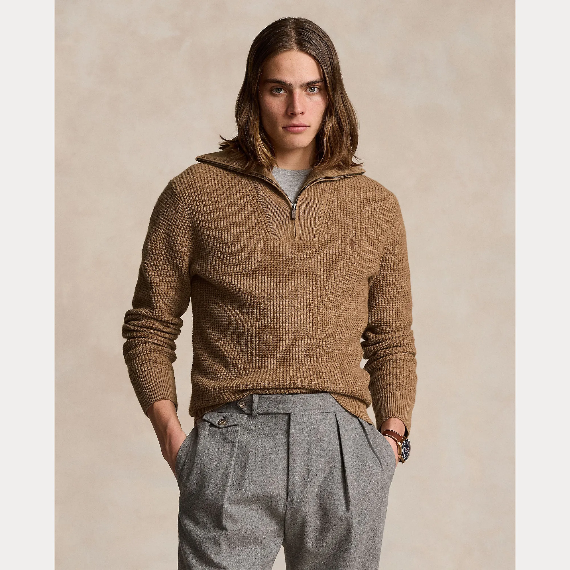 WAFFLE WOOL-COTTON QUARTER-ZIP SWEATER