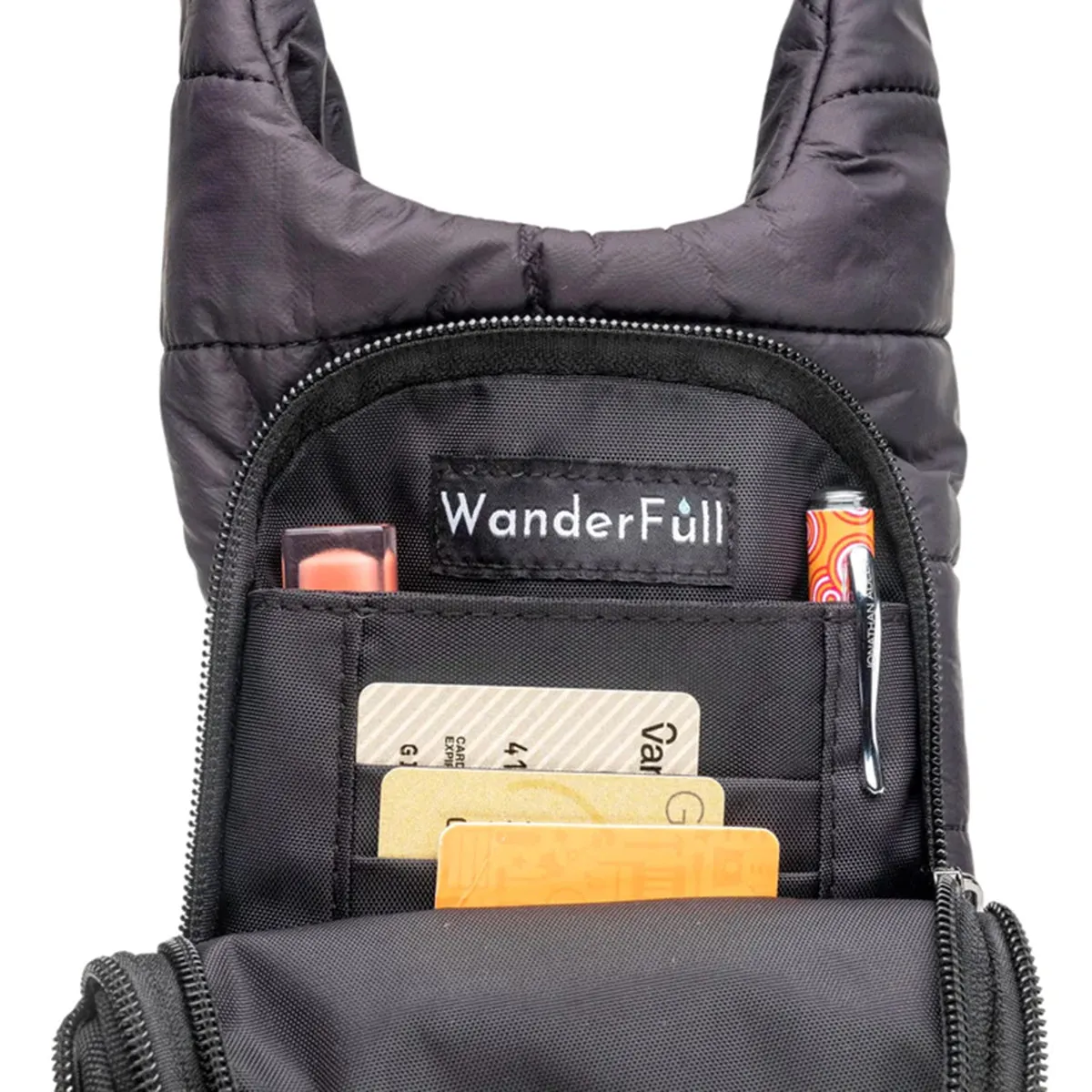 Wanderfull Water Bottle Bag Black Matte & Strap Carrier Puffer Tote Quilted Handbag Sling Crossbody