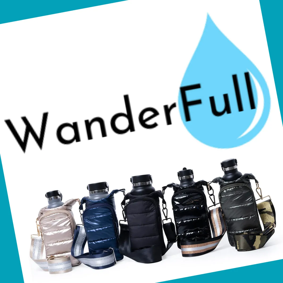 Wanderfull Water Bottle Bag Black Matte & Strap Carrier Puffer Tote Quilted Handbag Sling Crossbody