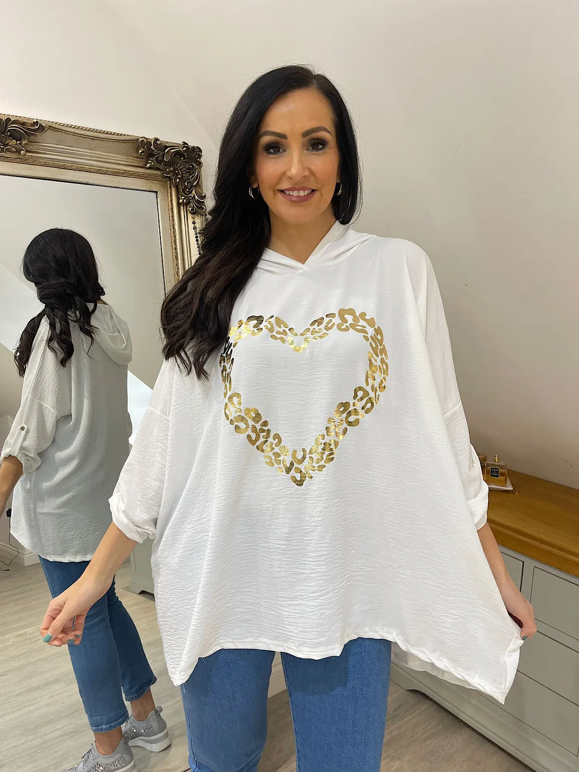 White Crepe Leopard Heart Hoodie Nina