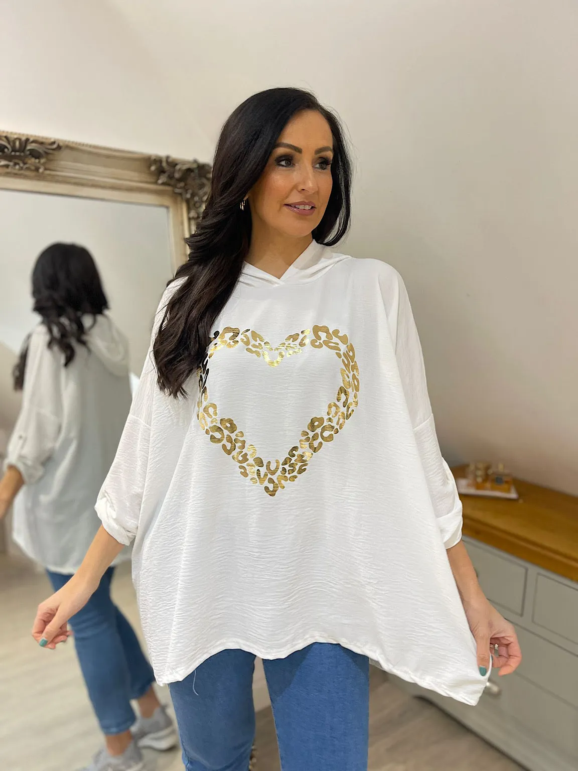 White Crepe Leopard Heart Hoodie Nina