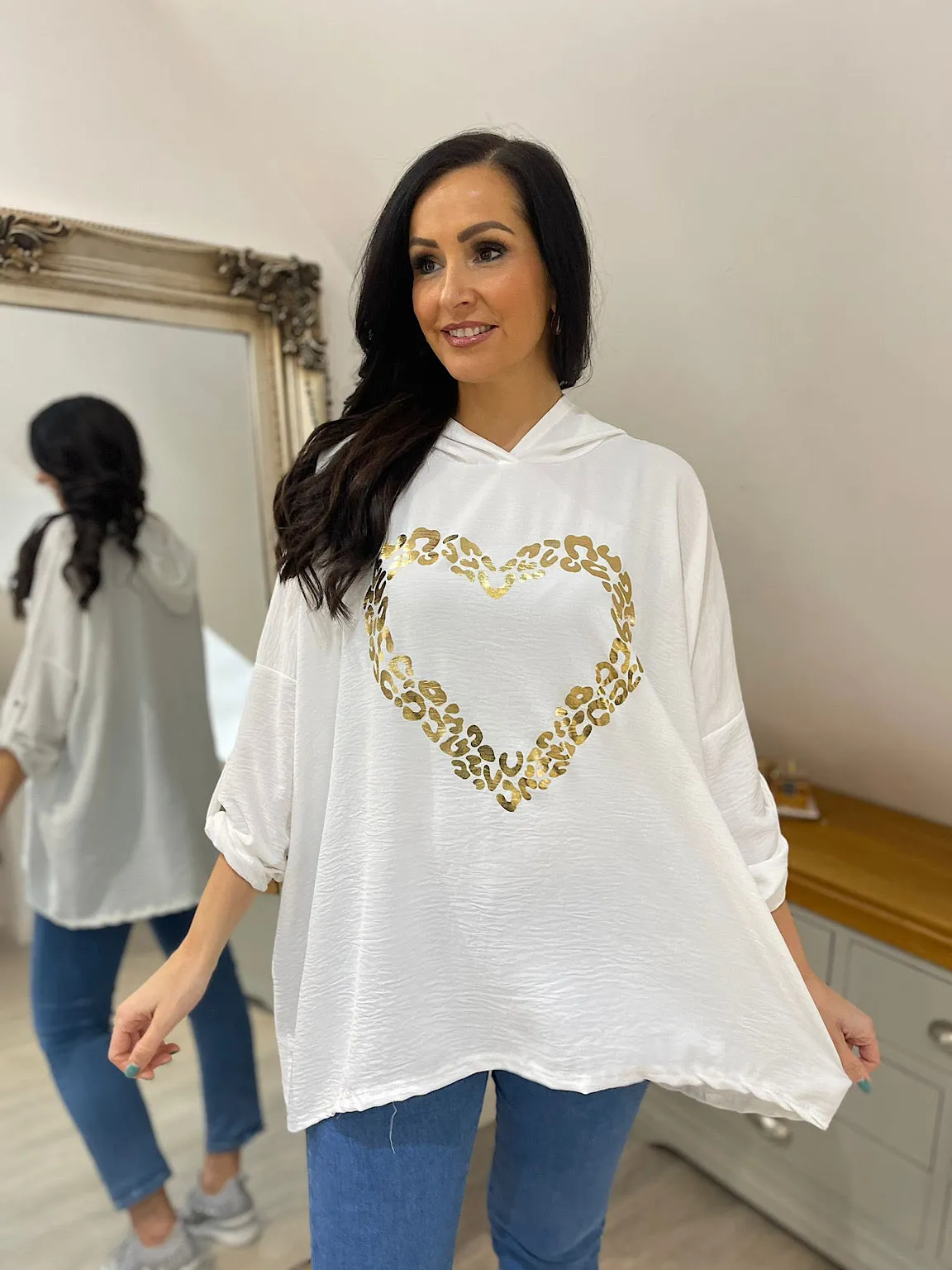 White Crepe Leopard Heart Hoodie Nina